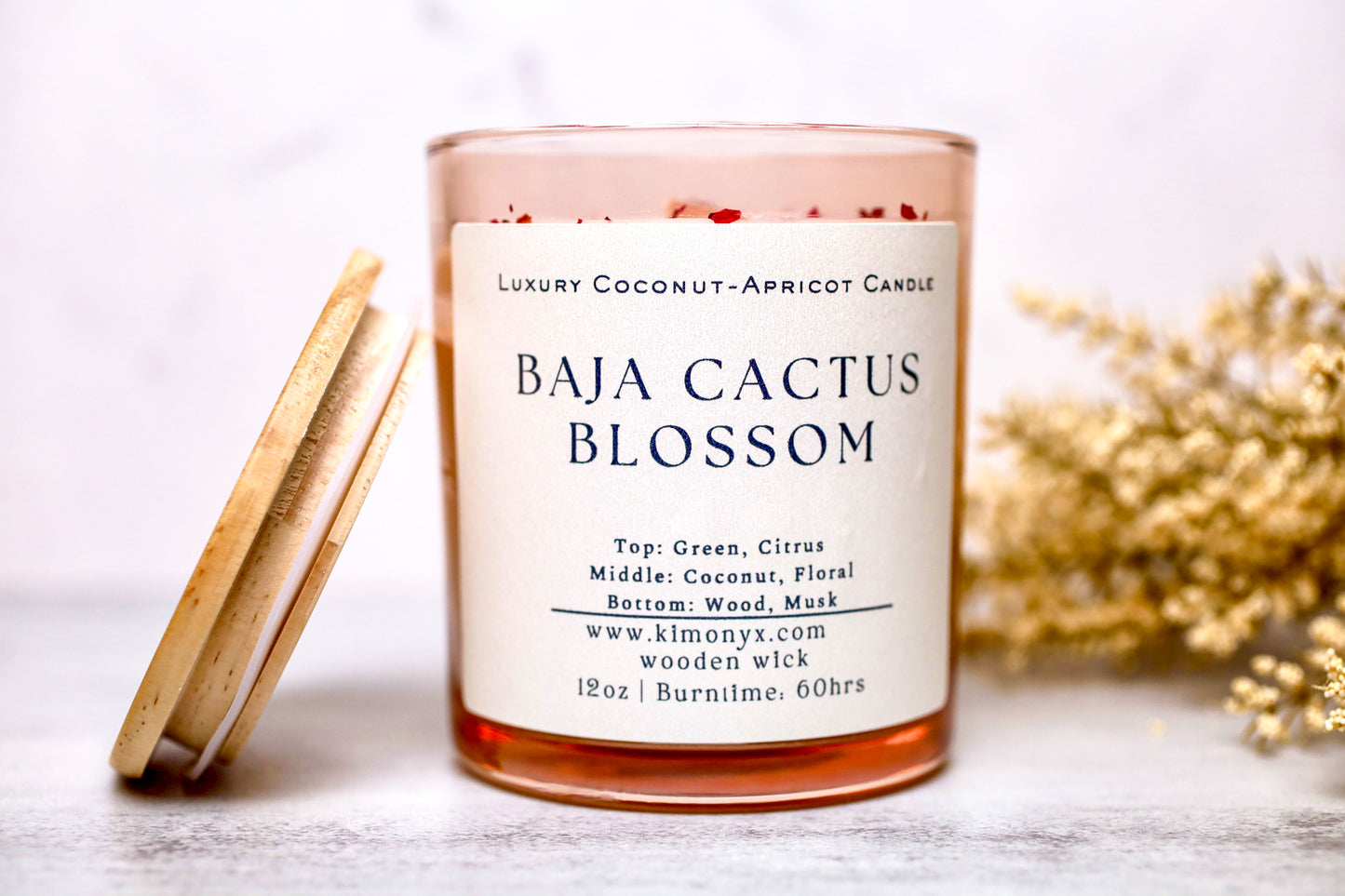 Baja Cactus Blossom | Coconut-Apricot Candle 12oz (Topped with Dried Flowers) + Free Car Air Freshener