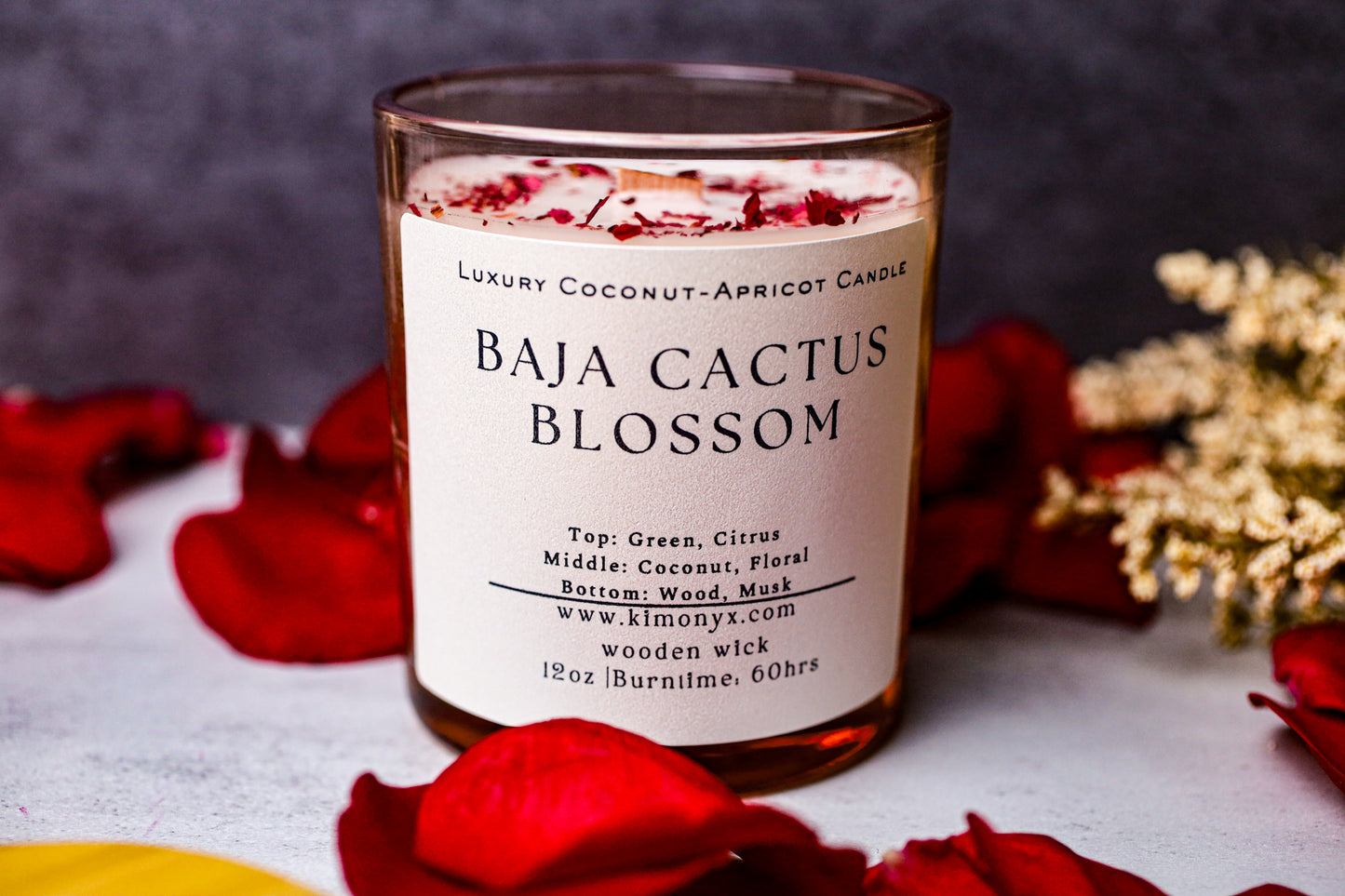 Baja Cactus Blossom | Coconut-Apricot Candle 12oz (Topped with Dried Flowers) + Free Car Air Freshener