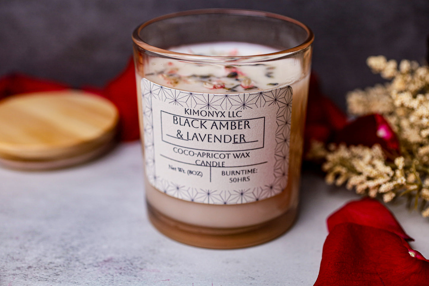 Black Amber & Lavender – 8 oz Coconut Apricot Wax Candle (Topped with Dried Flowers) + Free Car Air Freshener