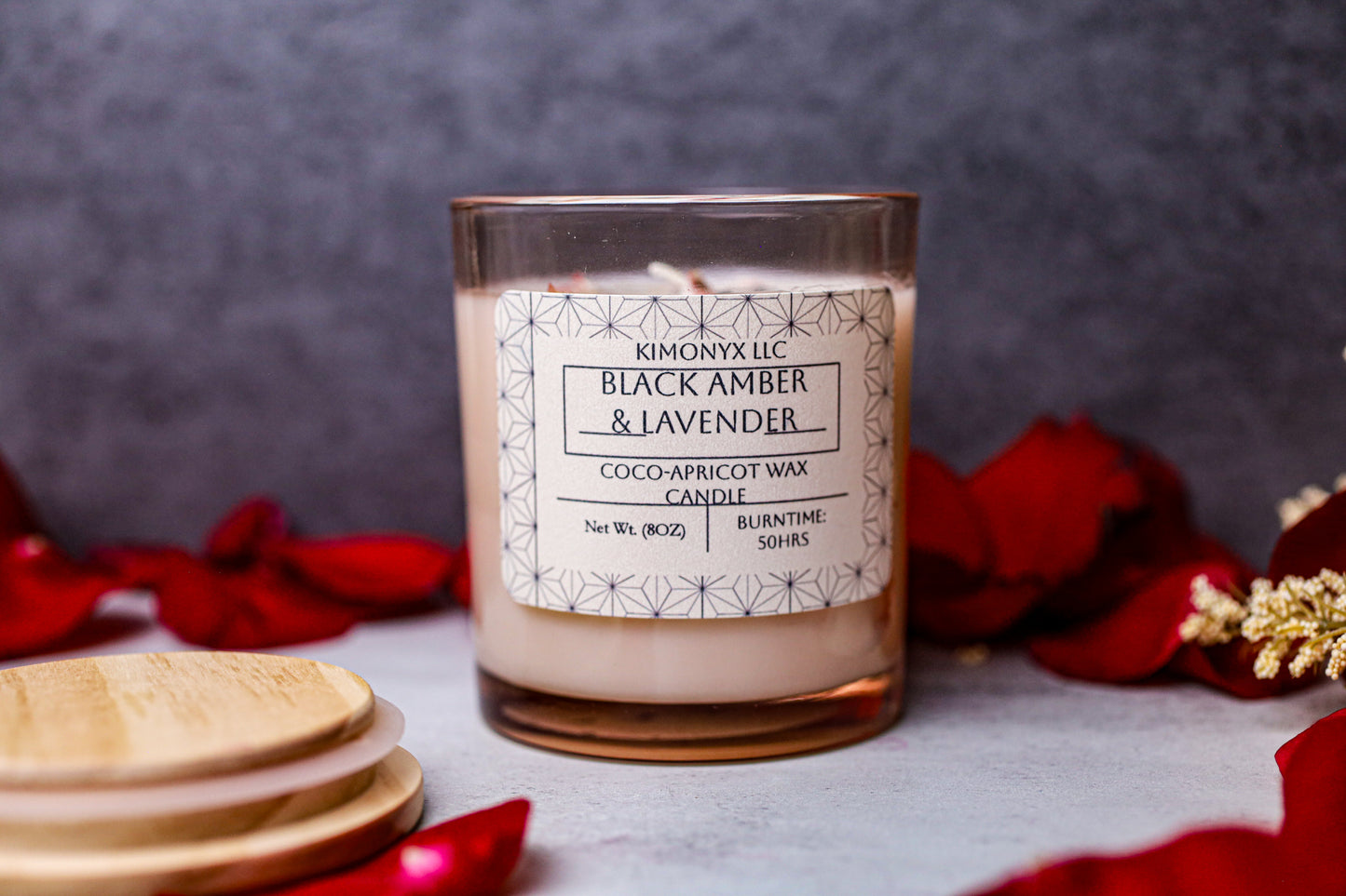 Black Amber & Lavender – 8 oz Coconut Apricot Wax Candle (Topped with Dried Flowers) + Free Car Air Freshener