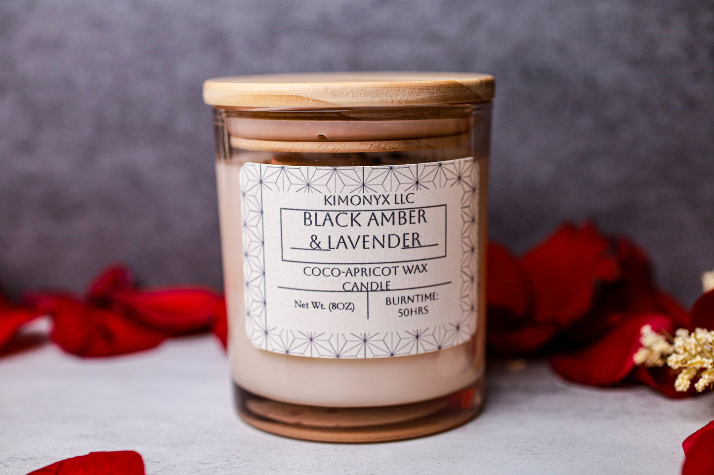 Black Amber & Lavender – 8 oz Coconut Apricot Wax Candle (Topped with Dried Flowers) + Free Car Air Freshener