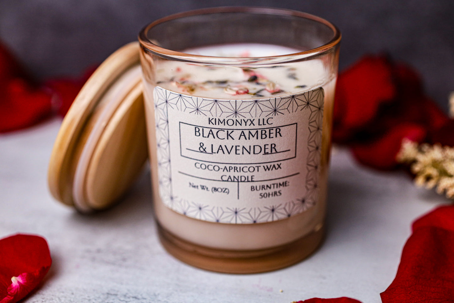 Black Amber & Lavender – 8 oz Coconut Apricot Wax Candle (Topped with Dried Flowers) + Free Car Air Freshener
