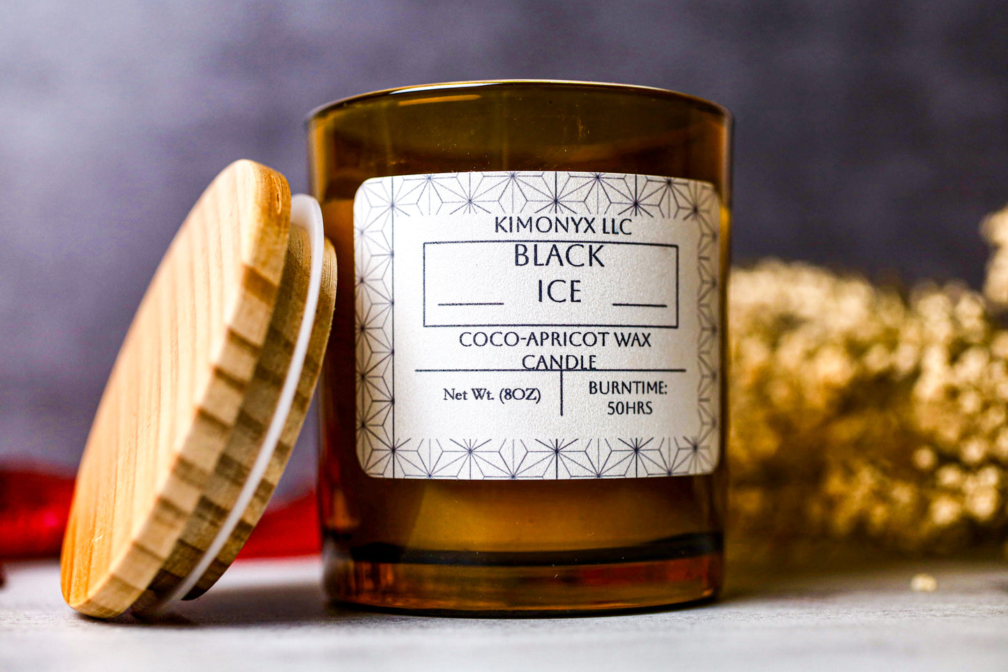 Black Ice | 8oz Coconut-Apricot Candle (Topped with Dried Flowers) + Free Car Air Freshener
