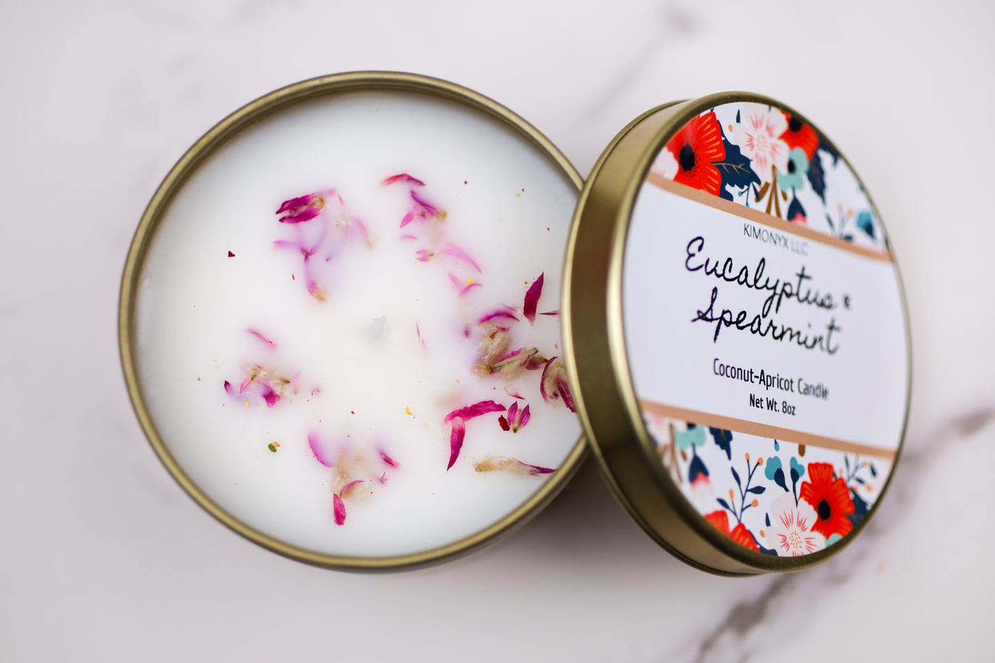 8oz Coconut Apricot Candle in Gold Tin Jar with Dried Flowers