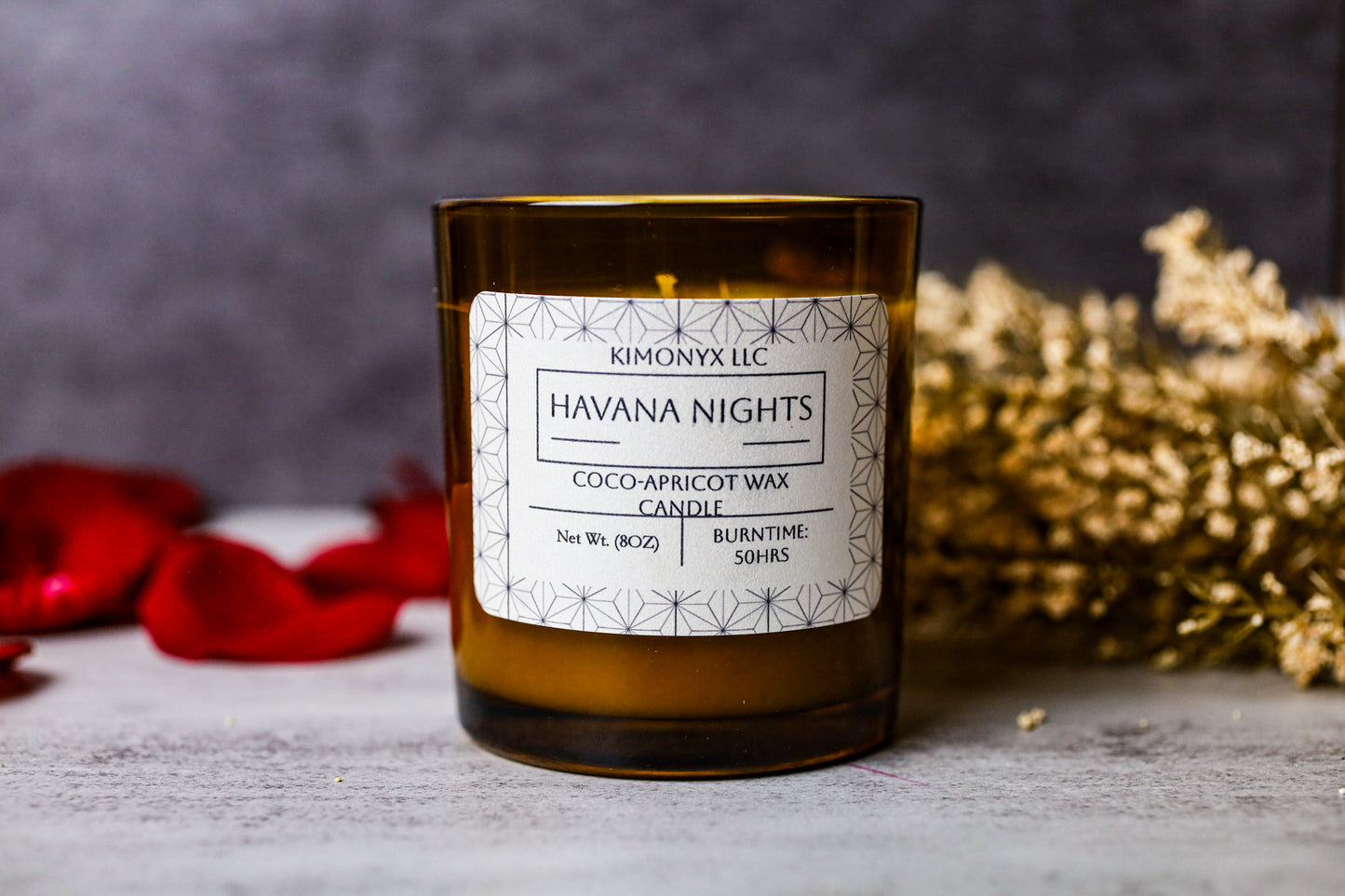 Havana Nights – 8 oz Coconut Apricot Wax Candle (Topped with Dried Flower) + Free Car Air Freshener