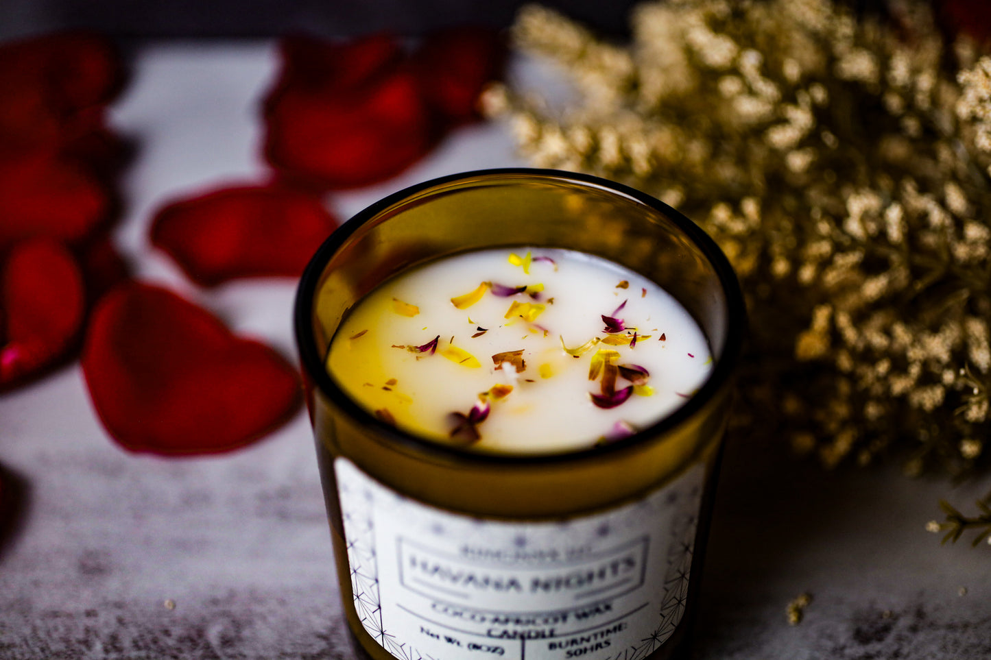 Havana Nights – 8 oz Coconut Apricot Wax Candle (Topped with Dried Flower) + Free Car Air Freshener
