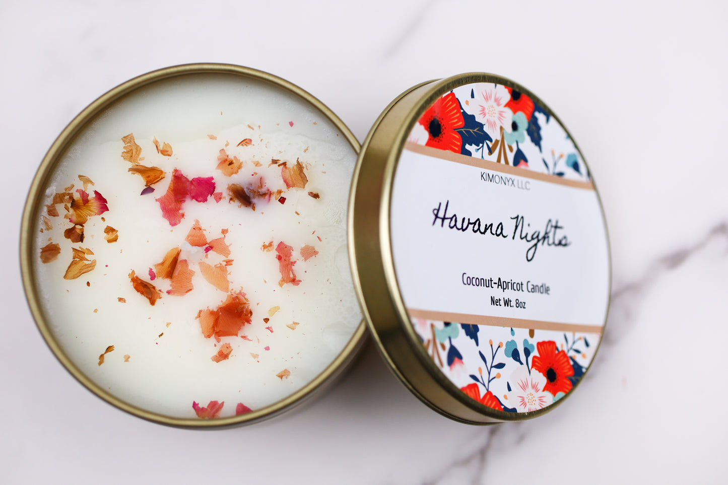 8oz Coconut Apricot Candle in Gold Tin Jar with Dried Flowers