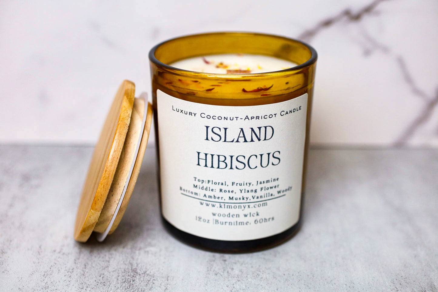 Island Hibiscus | Coconut-Apricot Candle 12oz (Topped with Dried Flowers) + Free Car Air Freshener
