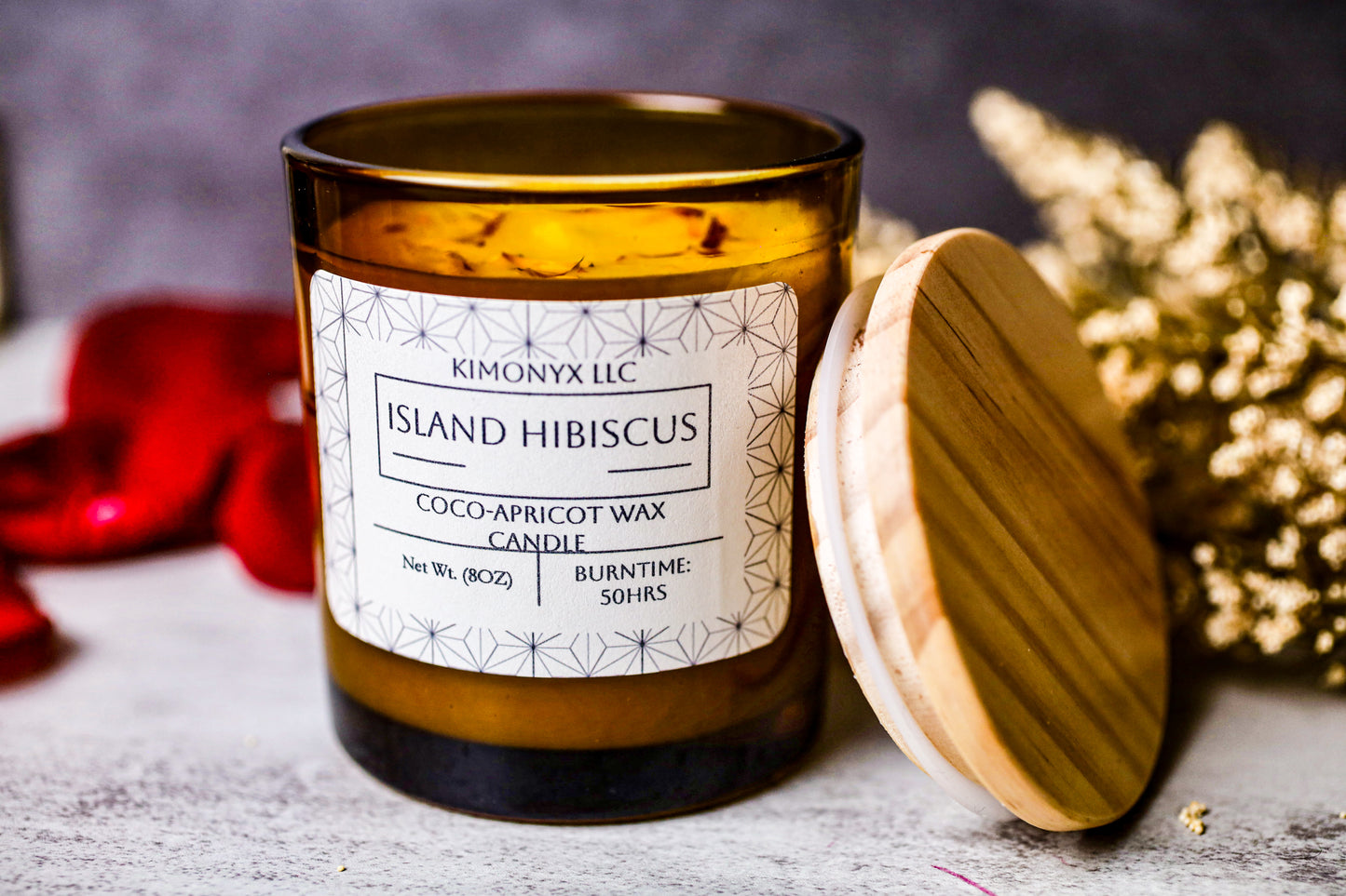 Island Hibiscus | 8oz Coconut Apricot Candle (Topped with Dried Flowers) + Free Car Air Freshener