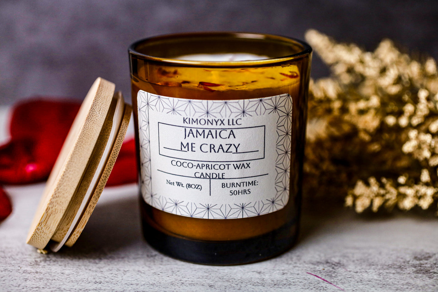 Jamaica Me Crazy – 8 oz Coconut Apricot Wax Candle (Topped with Dried Flower) + Free Car Air Freshener