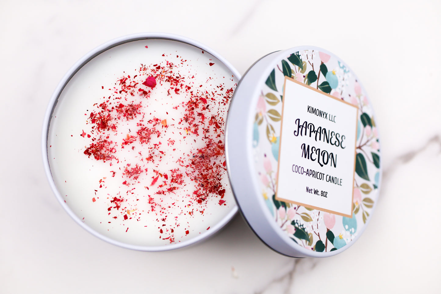 8oz Coconut Apricot Candle in White Tin Jar with Dried Flowers