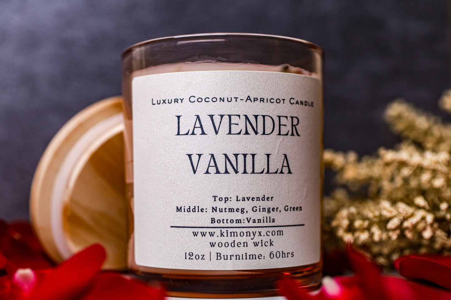 Lavender Vanilla – 12 oz Coconut Apricot Wax Candle (Topped with Dried Flowers) + Free Car Diffuser