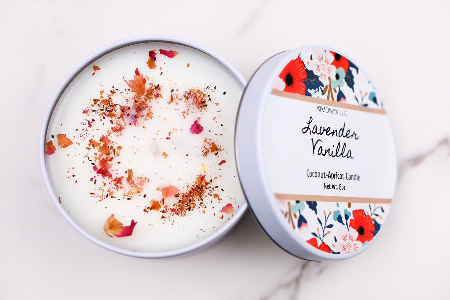 8oz Coconut Apricot Candle in White Tin Jar with Dried Flowers