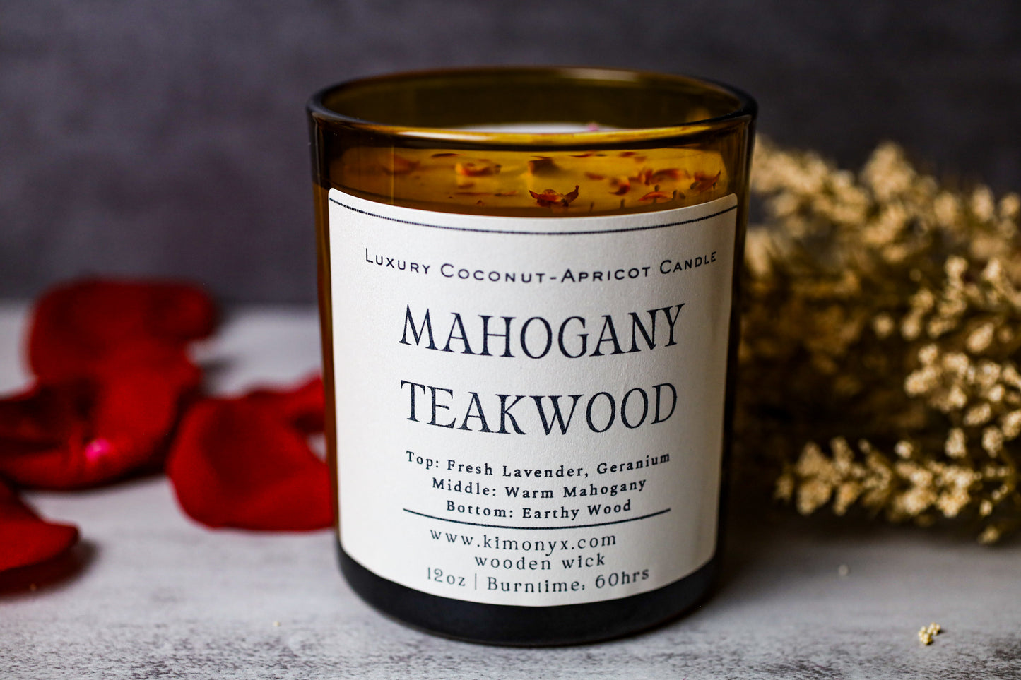 Mahogany Teakwood – Coconut Apricot Wax Candle (Topped with Dried Flower) + Free Car Air Freshener