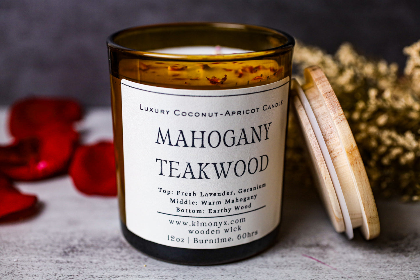 Mahogany Teakwood – Coconut Apricot Wax Candle (Topped with Dried Flower) + Free Car Air Freshener
