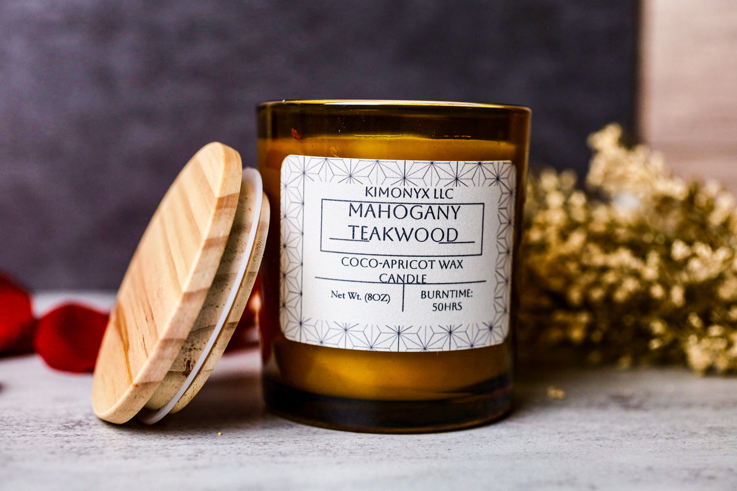 Mahogany Teakwood – Coconut Apricot Wax Candle (Topped with Dried Flower) + Free Car Air Freshener