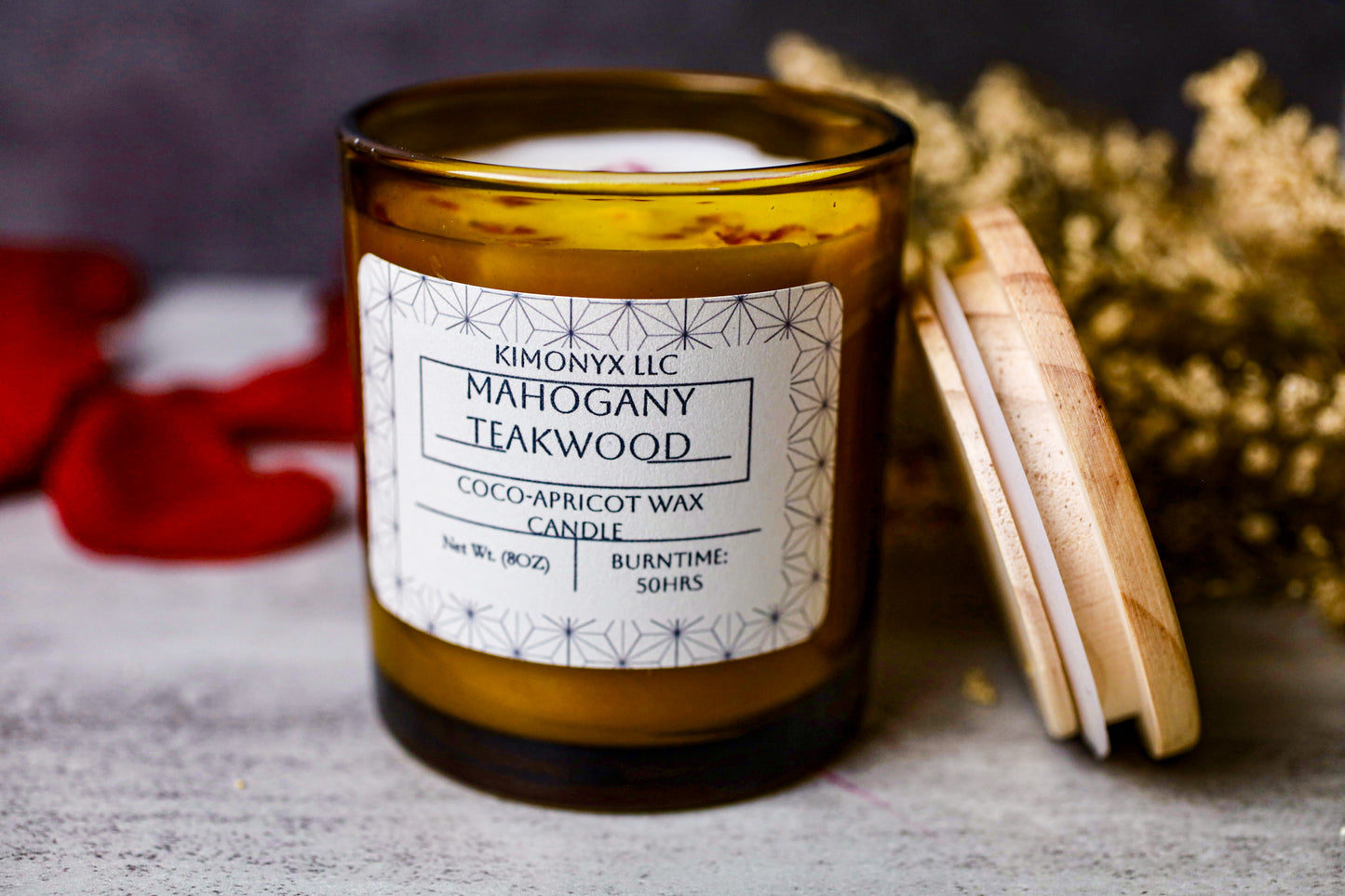 Mahogany Teakwood | 8oz Coconut-Apricot Candle (Topped w/ Dried Flowers) + Free Car Air Freshener