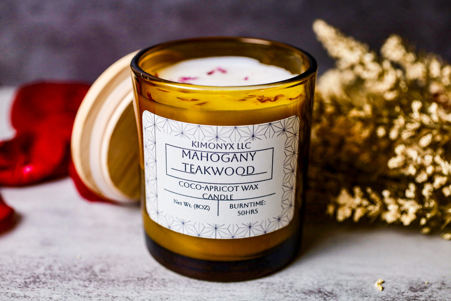 Mahogany Teakwood – Coconut Apricot Wax Candle (Topped with Dried Flower) + Free Car Air Freshener