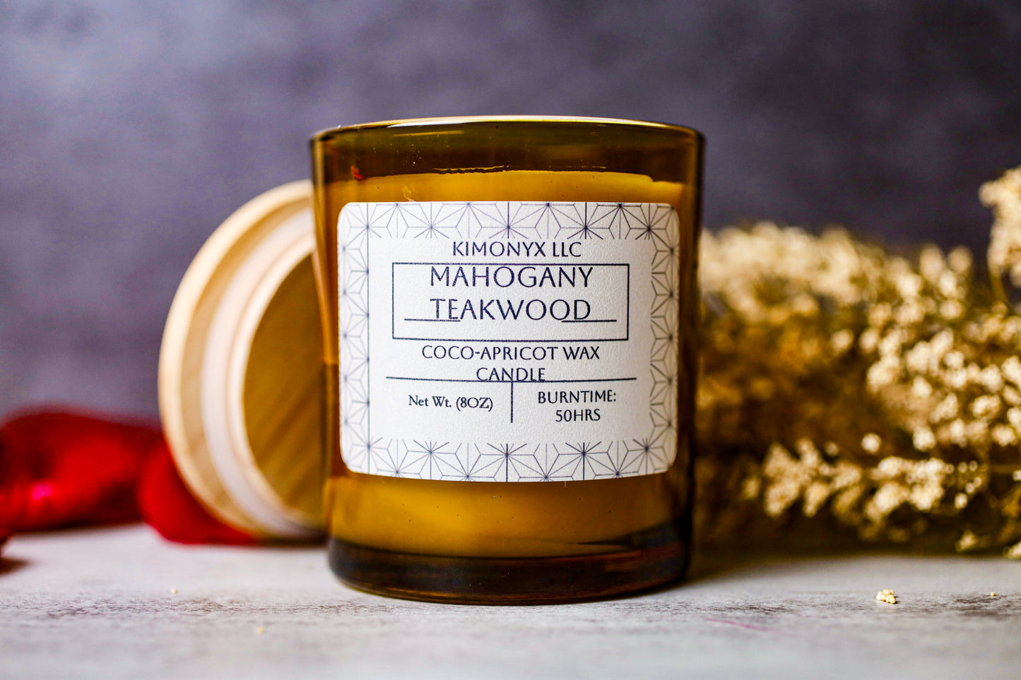 Mahogany Teakwood | 8oz Coconut-Apricot Candle (Topped w/ Dried Flowers) + Free Car Air Freshener