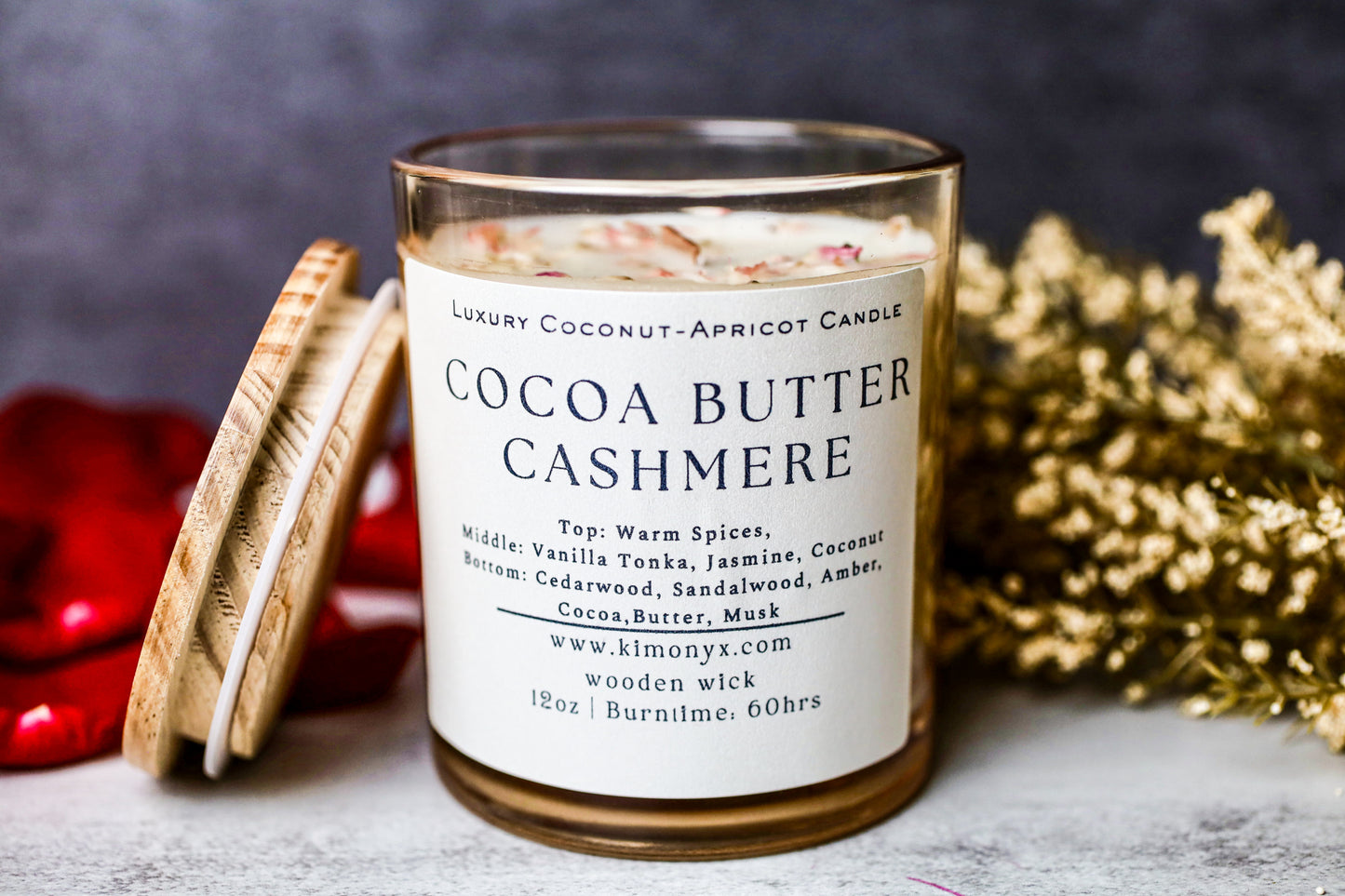 Cocoa Butter Cashmere – 12 oz Coconut Apricot Wax Candle (Topped with Dried Flowers) + Free Car Air Freshener