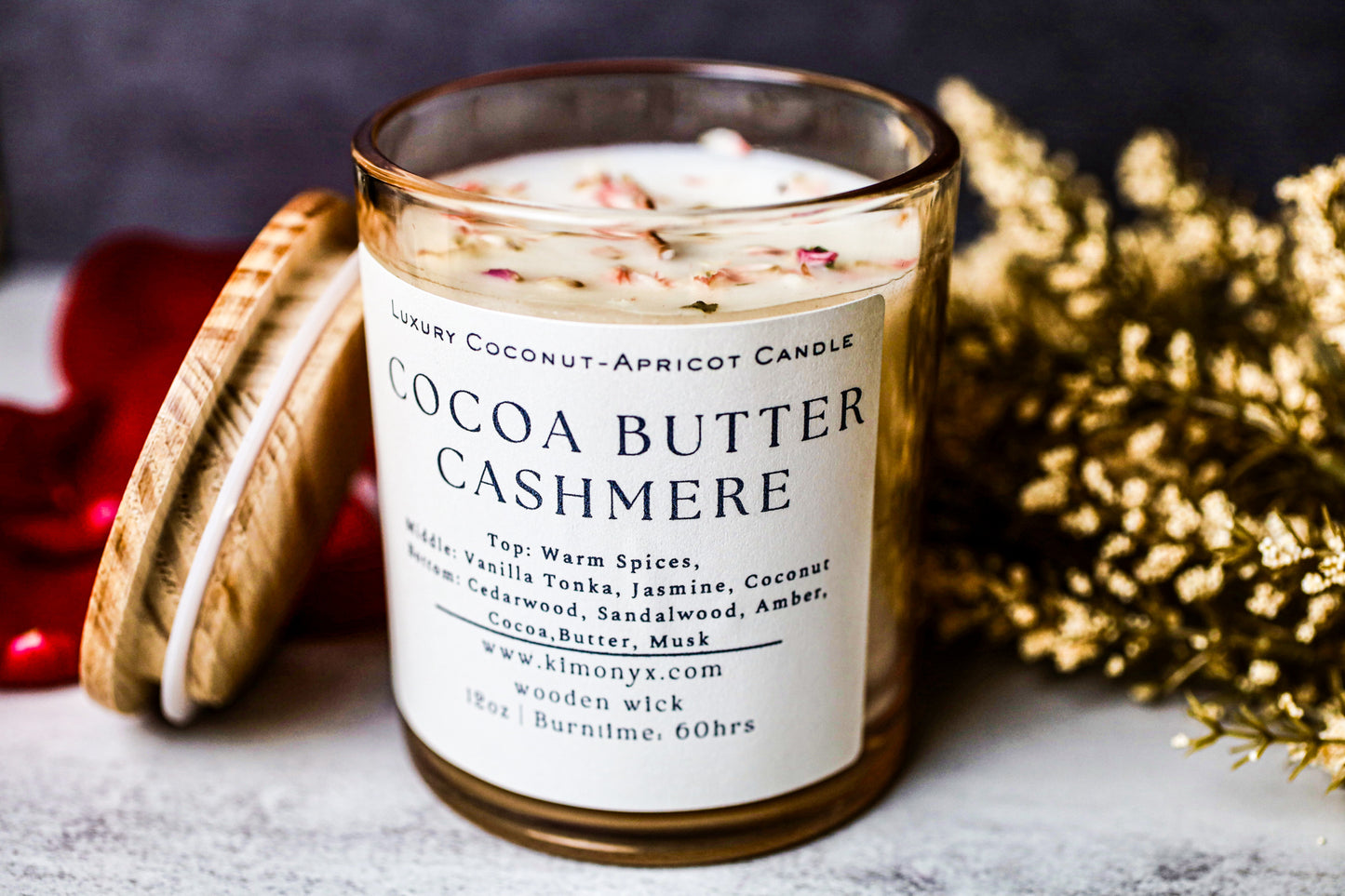 Cocoa Butter Cashmere – 12 oz Coconut Apricot Wax Candle (Topped with Dried Flowers) + Free Car Air Freshener