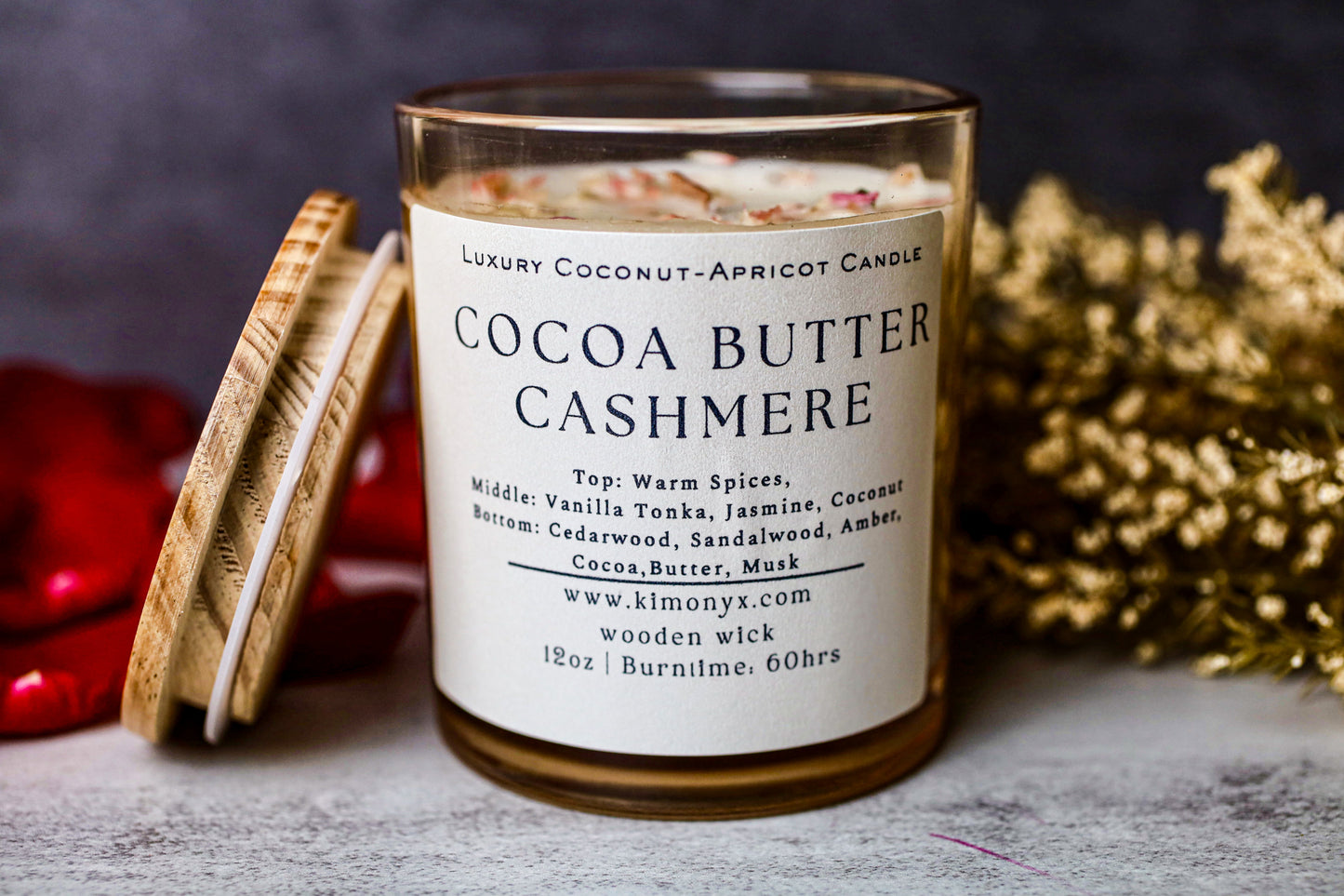 Cocoa Butter Cashmere – 12 oz Coconut Apricot Wax Candle (Topped with Dried Flowers) + Free Car Air Freshener