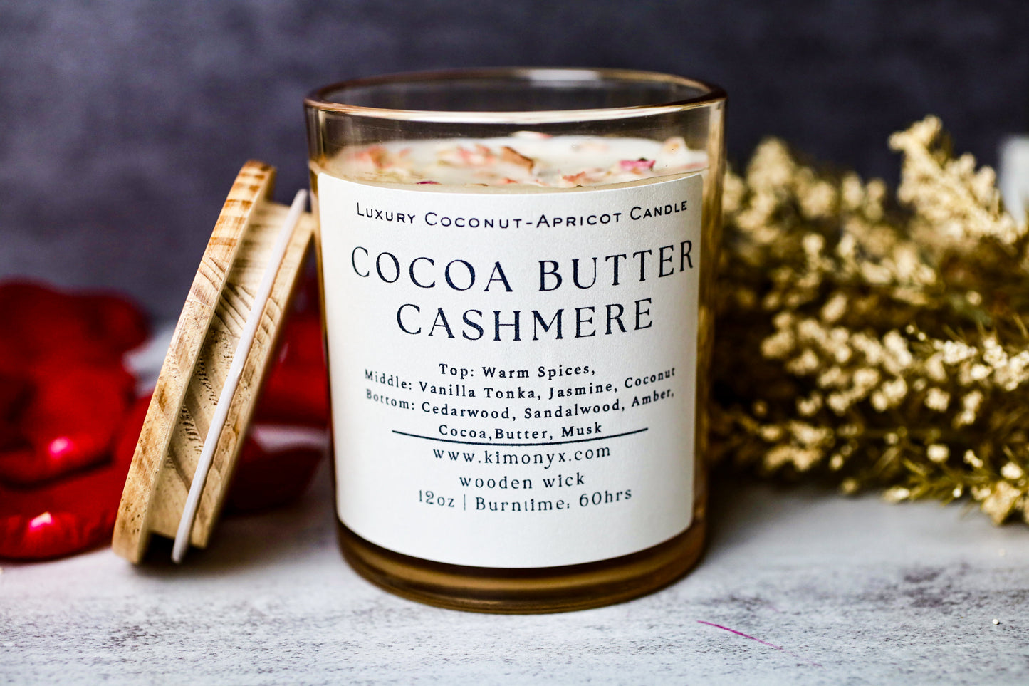 Cocoa Butter Cashmere – 12 oz Coconut Apricot Wax Candle (Topped with Dried Flowers) + Free Car Air Freshener