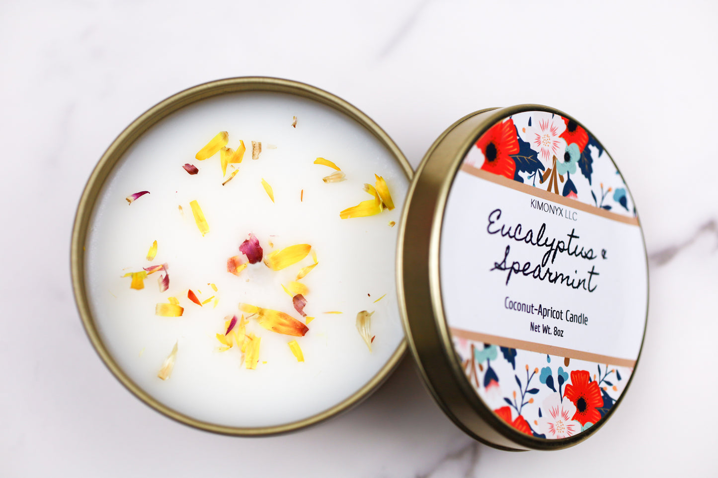 8oz Coconut Apricot Candle in Gold Tin Jar with Dried Flowers