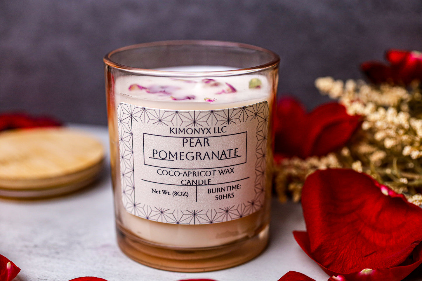 Pear Pomegranate | Coconut-Apricot Candle 8oz (Topped with Dried Flowers) + Free Car Air Freshener