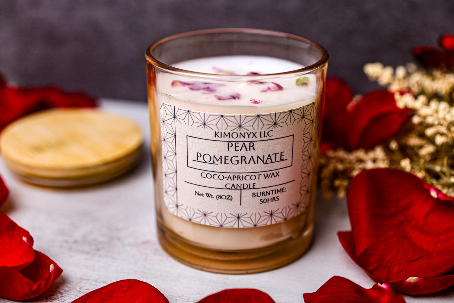 Pear Pomegranate | Coconut-Apricot Candle 8oz (Topped with Dried Flowers) + Free Car Air Freshener