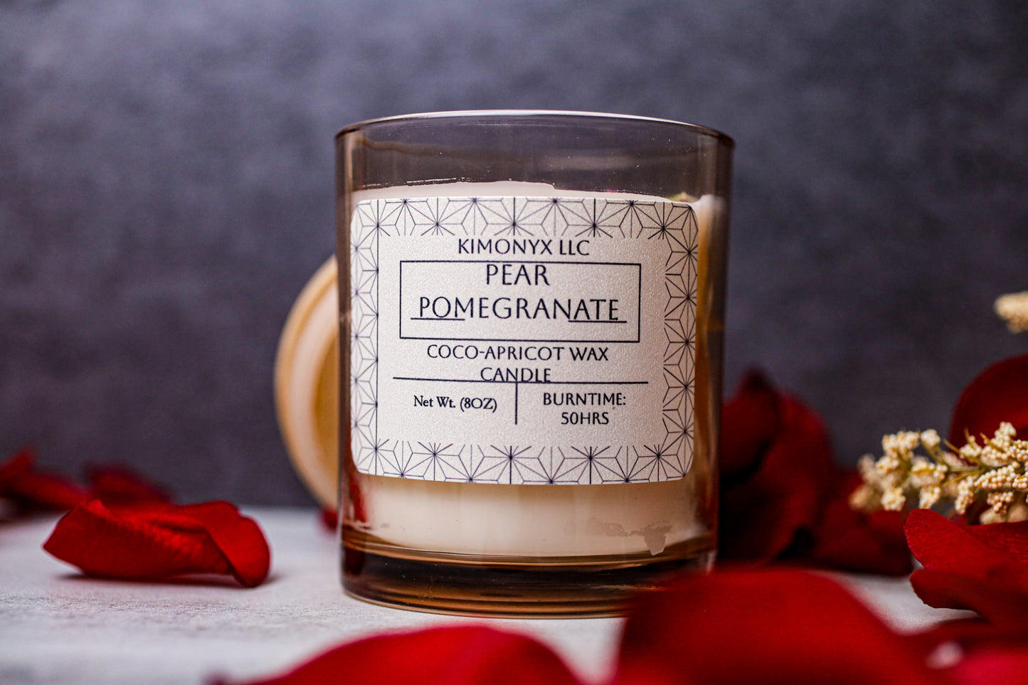 Pear Pomegranate | Coconut-Apricot Candle 8oz (Topped with Dried Flowers) + Free Car Air Freshener