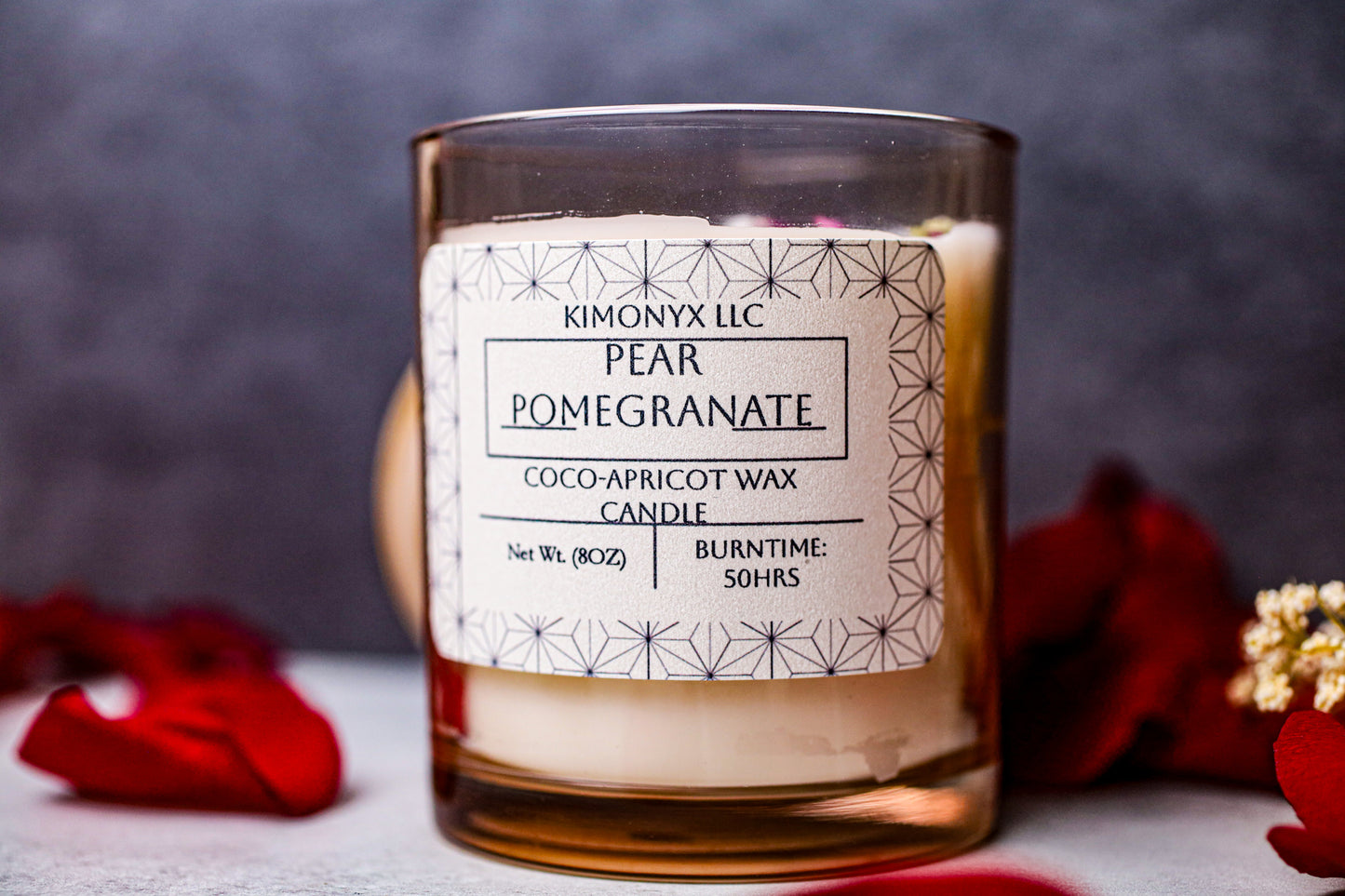 Pear Pomegranate | Coconut-Apricot Candle 8oz (Topped with Dried Flowers) + Free Car Air Freshener