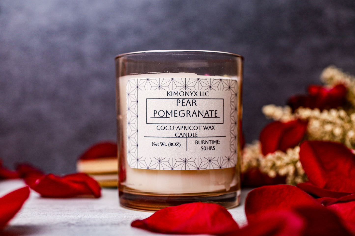 Pear Pomegranate | Coconut-Apricot Candle 8oz (Topped with Dried Flowers) + Free Car Air Freshener