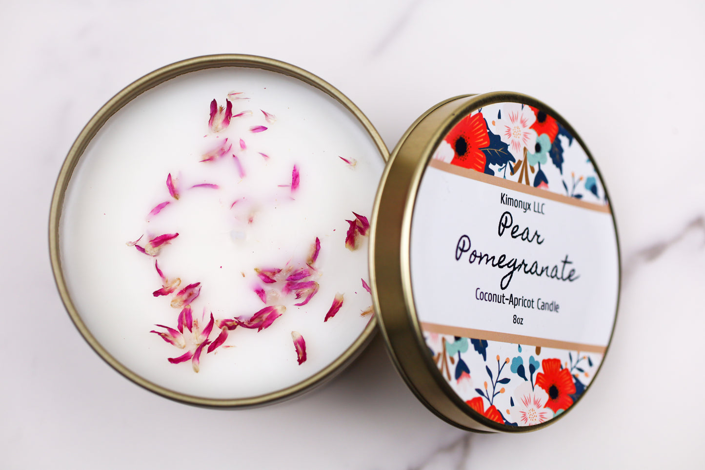 8oz Coconut Apricot Candle in Gold Tin Jar with Dried Flowers