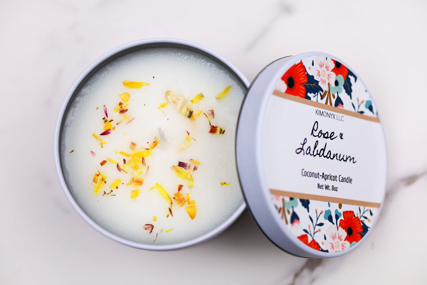 8oz Coconut Apricot Candle in White Tin Jar with Dried Flowers