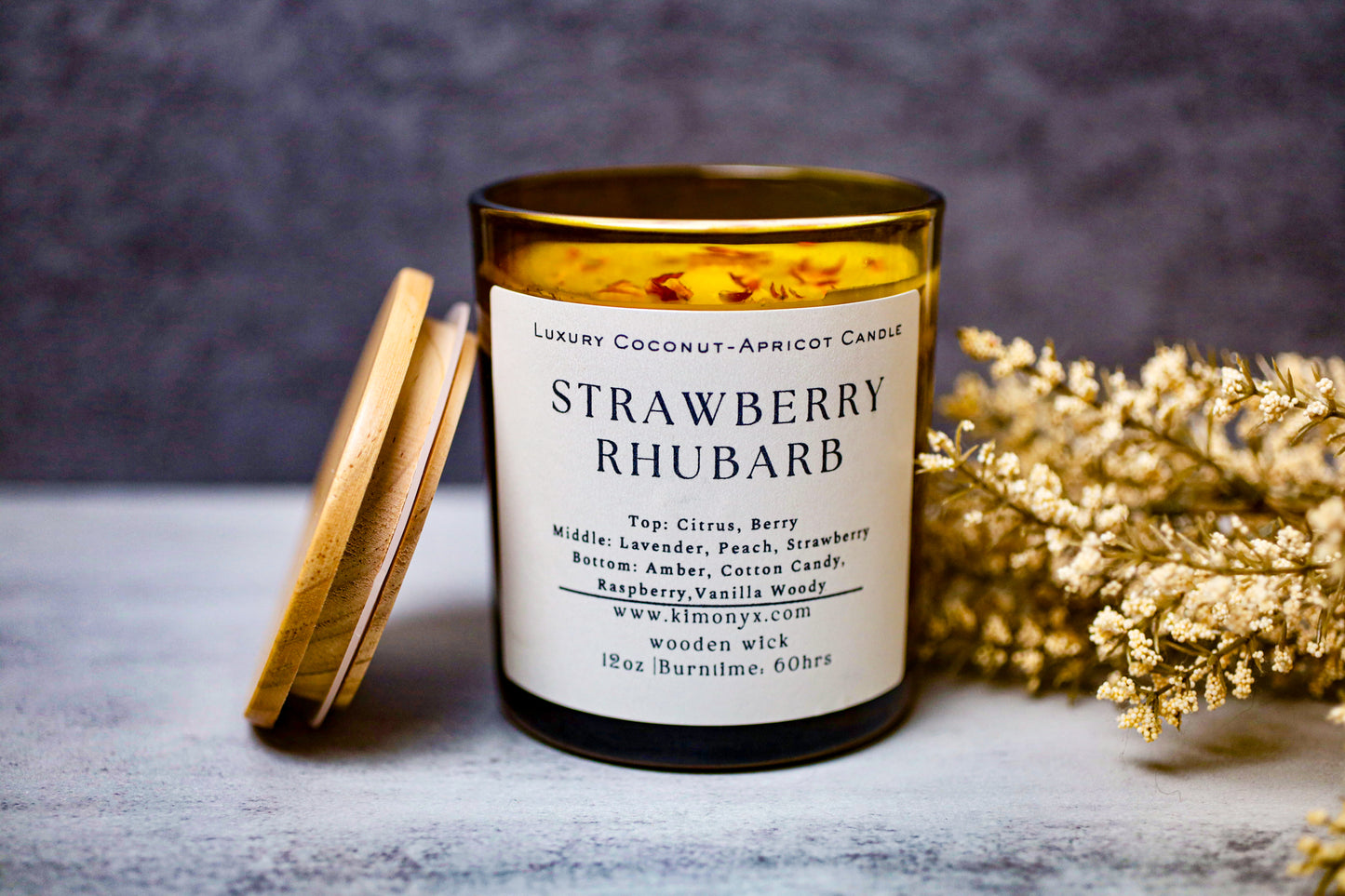 Strawberry Rhubarb | Coconut-Apricot Candle 12oz (Topped with Dried Flowers) + Free Car Air Freshener