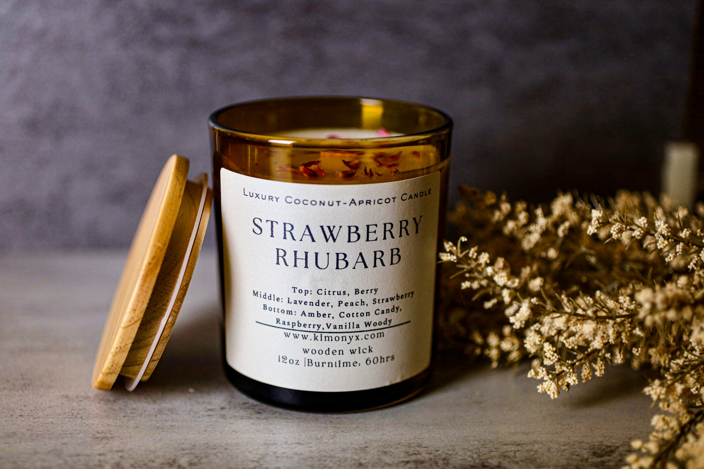 Strawberry Rhubarb | Coconut-Apricot Candle 12oz (Topped with Dried Flowers) + Free Car Air Freshener