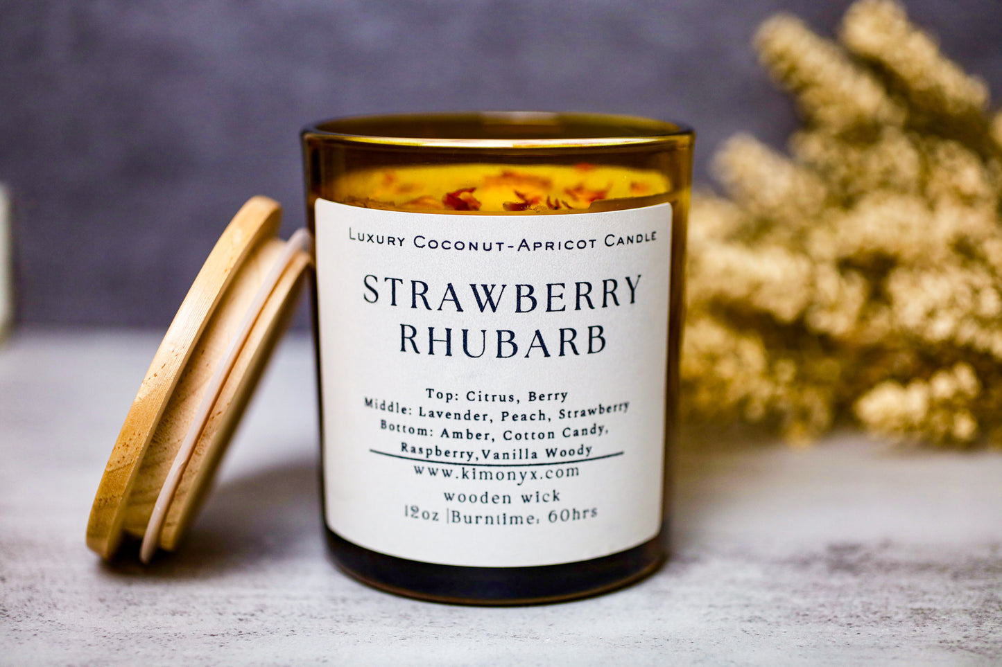 Strawberry Rhubarb | Coconut-Apricot Candle 12oz (Topped with Dried Flowers) + Free Car Air Freshener