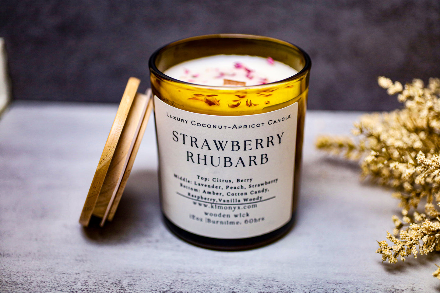 Strawberry Rhubarb | Coconut-Apricot Candle 12oz (Topped with Dried Flowers) + Free Car Air Freshener