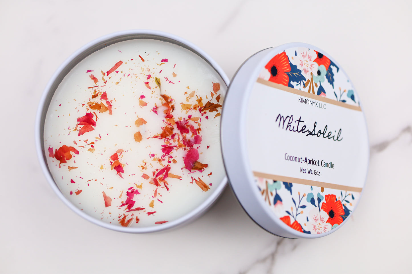 8oz Coconut Apricot Candle in White Tin Jar with Dried Flowers