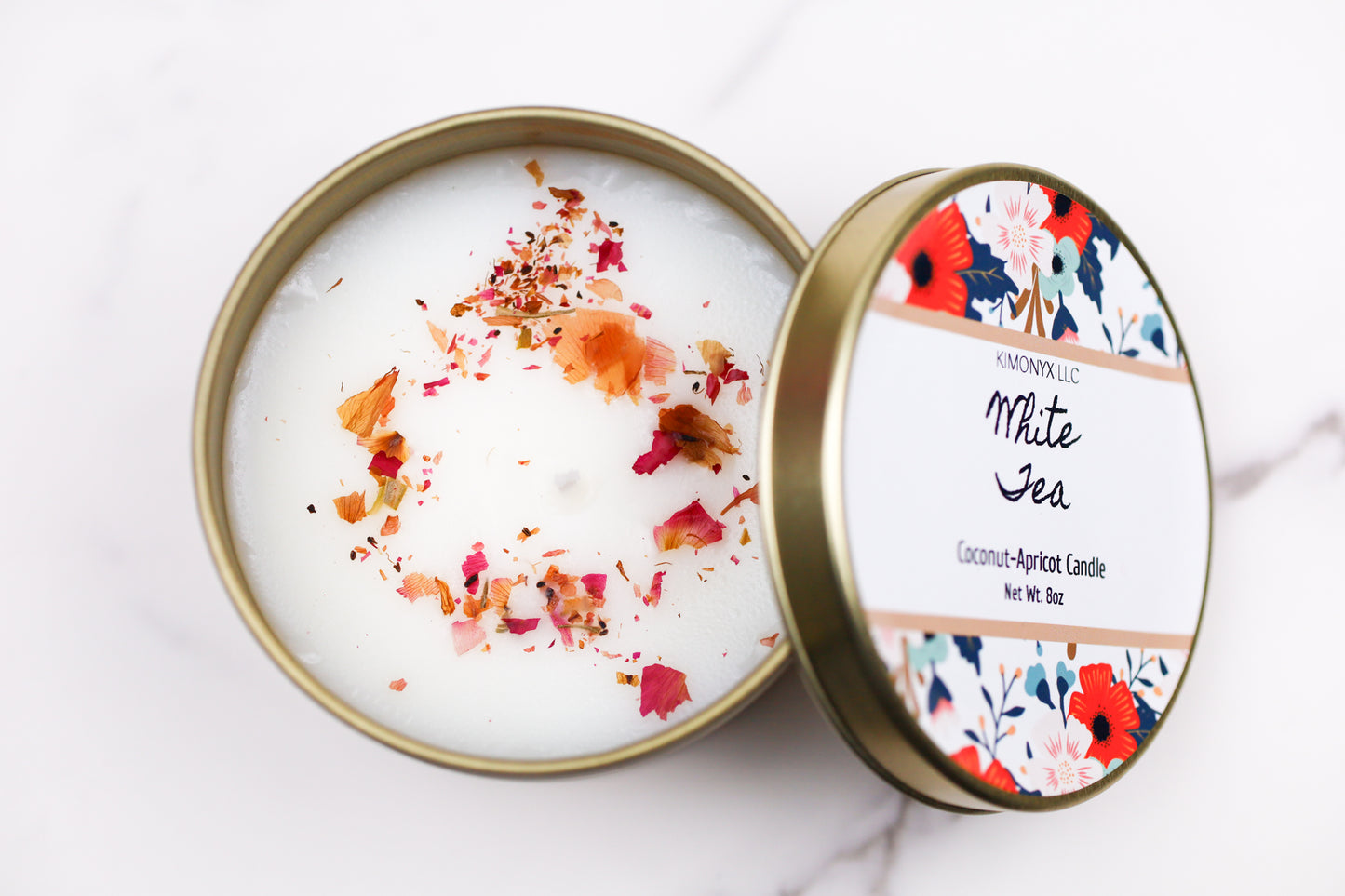 8oz Coconut Apricot Candle in Gold Tin Jar with Dried Flowers