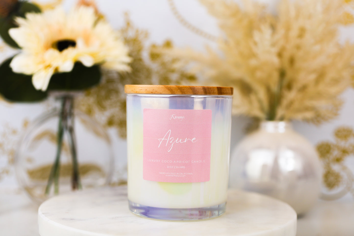 Azure Glass Candle – 12oz & 8oz Coconut Apricot Wax