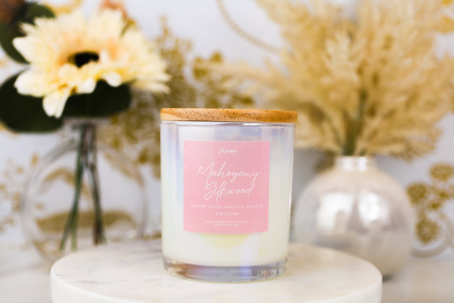 Mahogany Silkwood Scented Glass Candle – 12oz & 8oz Coconut Apricot Wax