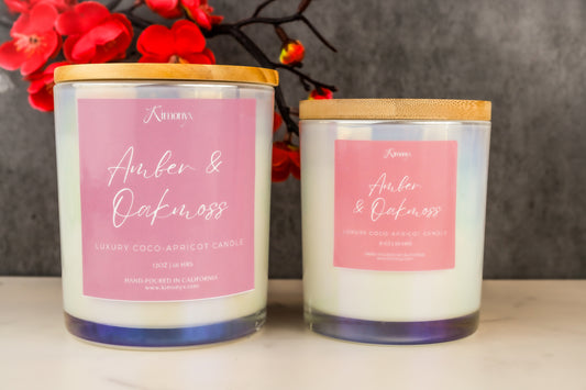 Amber & Oakmoss Scented Glass Candle – 12oz & 8oz Coconut Apricot Wax