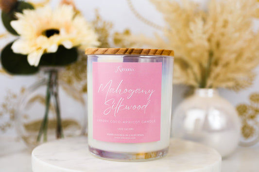 Mahogany Silkwood Scented Glass Candle – 12oz & 8oz Coconut Apricot Wax