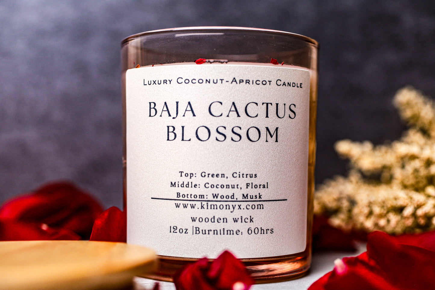 Baja Cactus Blossom | Coconut-Apricot Candle 12oz  (Topped with Dried Flowers) + Free Car Air Freshener