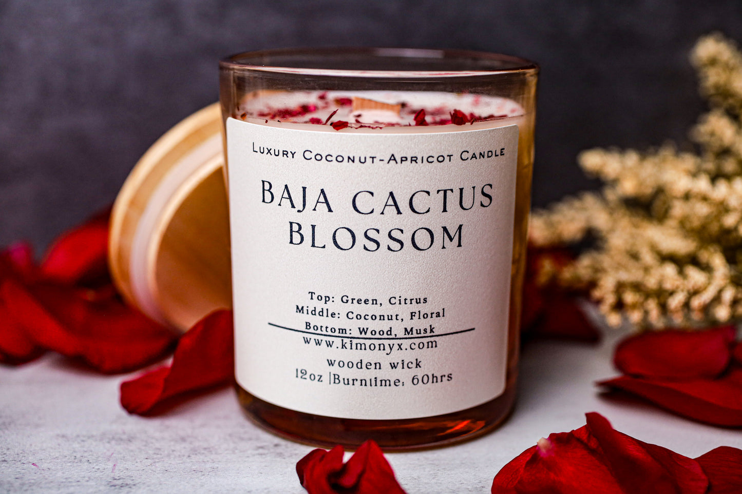 Baja Cactus Blossom | Coconut-Apricot Candle 12oz  (Topped with Dried Flowers) + Free Car Air Freshener