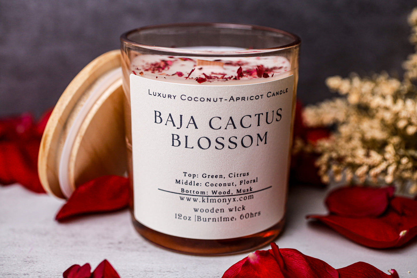 Baja Cactus Blossom | Coconut-Apricot Candle 12oz  (Topped with Dried Flowers) + Free Car Air Freshener