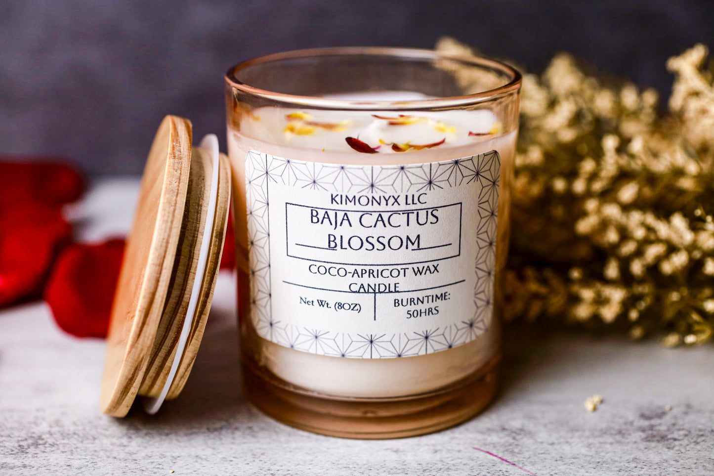 Baja Cactus Blossom | 8oz Coconut-Apricot Candle (Topped with Dried Flowers) + Free Car Air Freshener