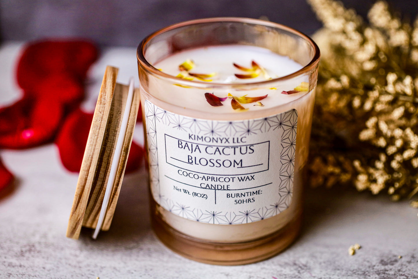 Baja Cactus Blossom | 8oz Coconut-Apricot Candle (Topped with Dried Flowers) + Free Car Air Freshener